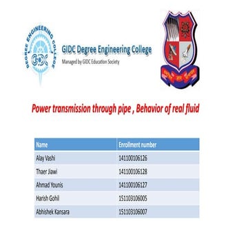 Power Transmission through pipe, Behaviour of Real Fulid
