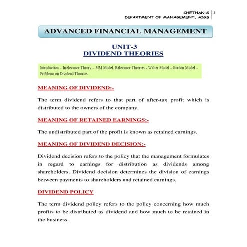 ACFM: Dividend Decision and Theories PDF Notes