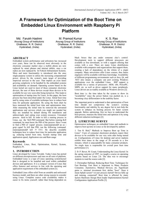 A framework for optimization of the boot time on embedded linux environment w...