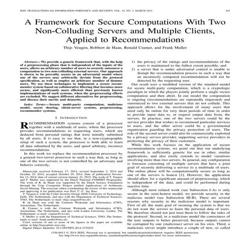 A Framework for Secure Computations with Two Non-Colluding Servers and Multip...