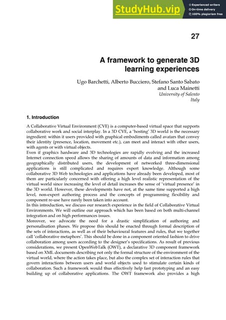 A Framework To Generate 3D Learning Experience