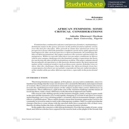 AFRICAN FEMINISM SOME CRITICAL CONSIDERATIONS | PDF