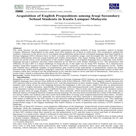 Acquisition of English Prepositions among Iraqi Secondary School Students in ...