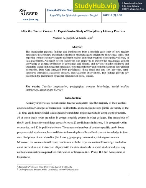 After The Content Course  An Expert-Novice Study Of Disciplinary Literacy Pra...