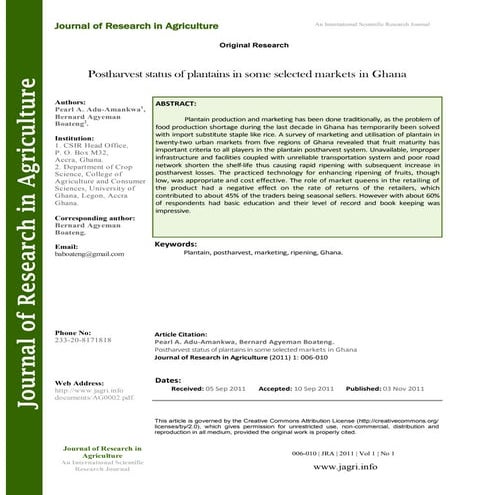 Postharvest status of plantains in some selected markets in Ghana