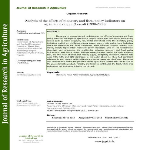 Analysis of the effects of monetary and fiscal policy indicators on  agricult...