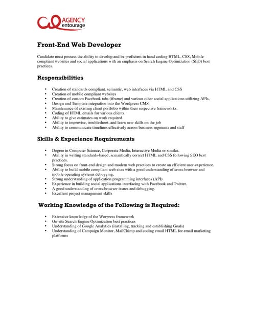 entry level front end web developer job description