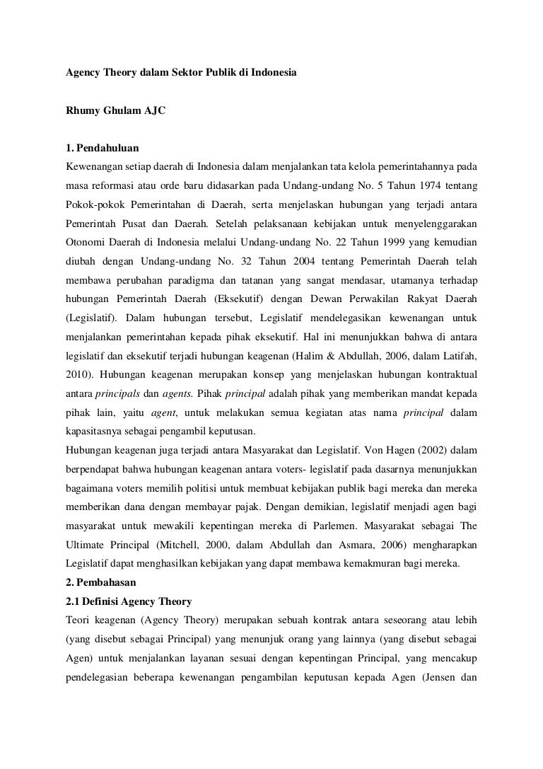 Agency Theory Dalam Sektor Publik Di Indonesia Rhumy Ghulam