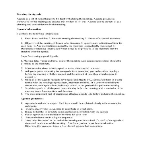 Agenda and the role of chair person and others