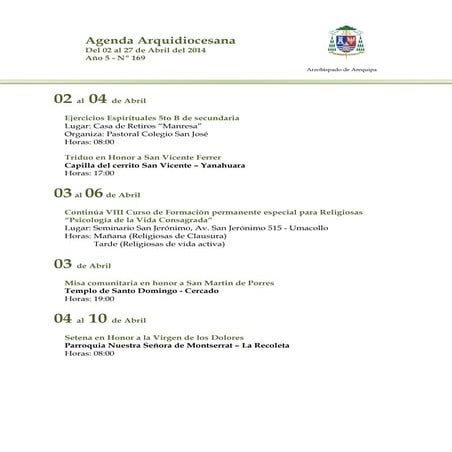 Agenda arquidiocesana n° 169