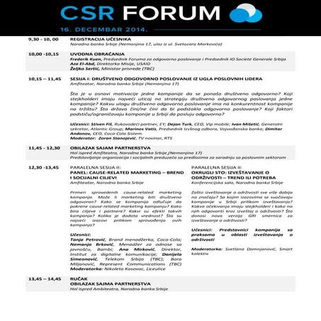 Agenda CSR FORUM 2014 16 decembar 2014
