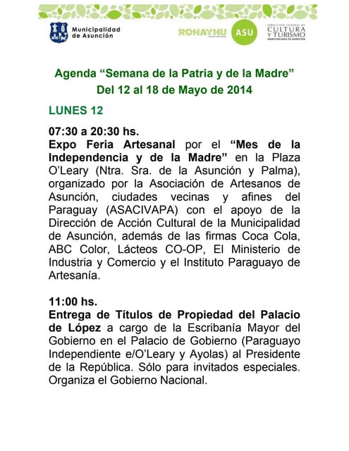 Agenda de Cultural de la semana de la madre y festejos patrios 