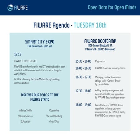 FIWARE Agenda for Smart City Expo  - Nov 18th-20th 
