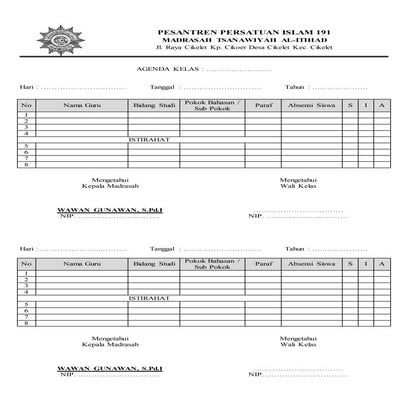 Agenda kelas | DOCX