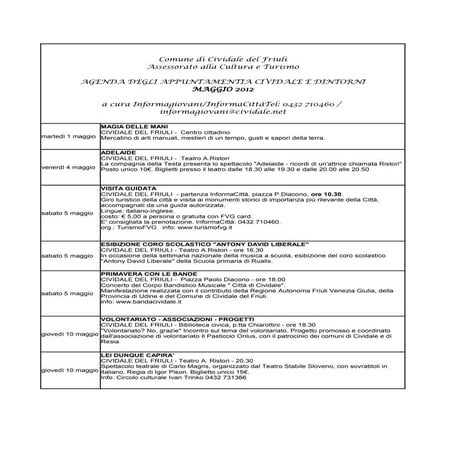 Cividale e dintorni / Agenda appuntamenti Maggio 2012. 