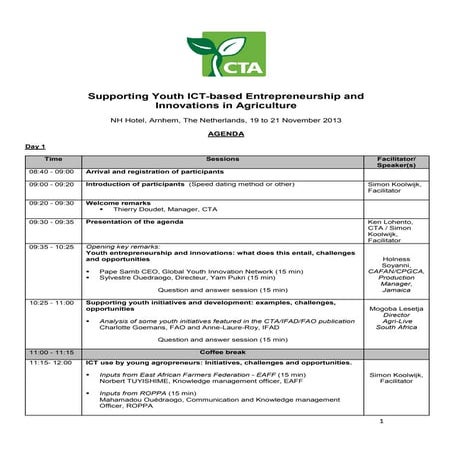 Workshop programme [En] - Supporting ICT-based Entrepreneurship and Innovations in Agriculture