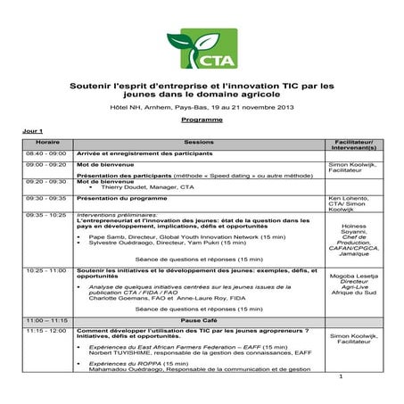 Workshop programme [Fr] - Supporting ICT-based Entrepreneurship and Innovations in Agriculture 