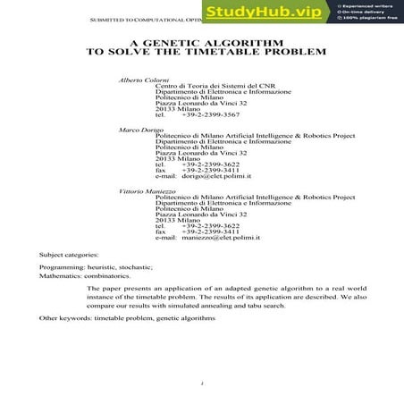 A Genetic Algorithm To Solve The Timetable Problem | PDF