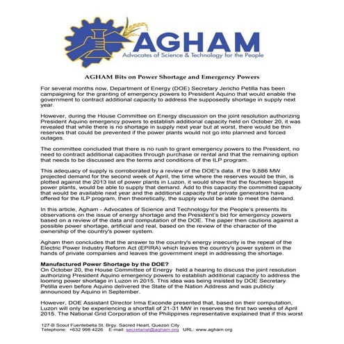 Agham bits on power shortage and emergency powers