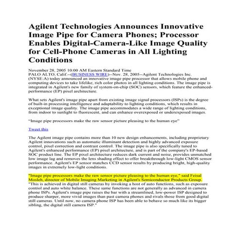 Agilent technologies announces innovative image pipe for camera phones