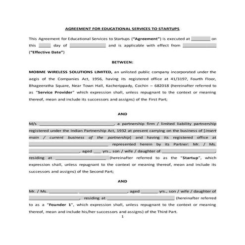 Agreement for Educational Services to Startups