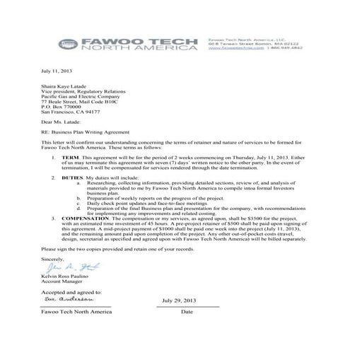 Agreement letter parts and sample