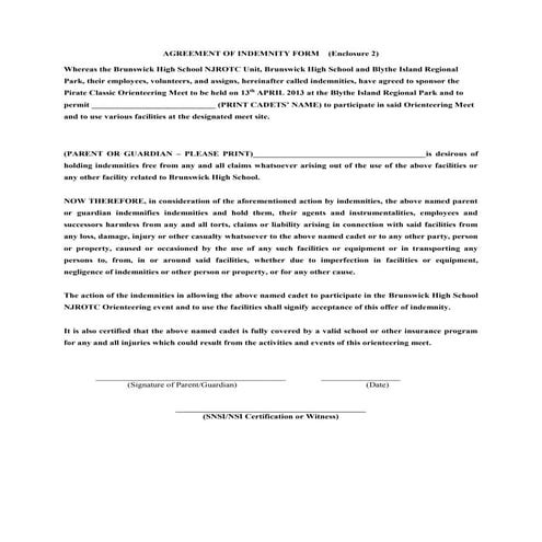 Agreement of indemnity form