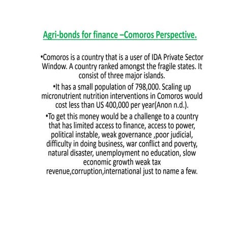 Agribonds for finance –comoros perspective