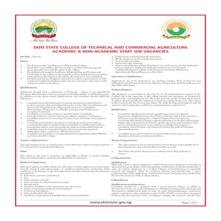 Ekiti State College of Technical and Commercial Agriculture Academic & Non-Academic Staff Job Vacancies
