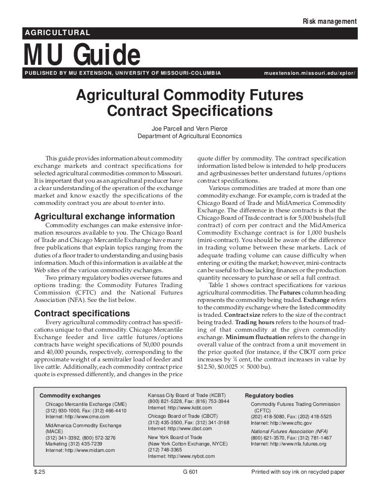 Agricultural commodity contract specification