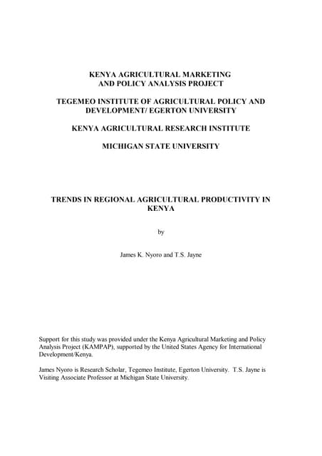 Farmer's Agribusiness Training Course: Module 1 Lesson 3 Supplementary Reading. Trends in Regional Agricultural Productivity in Kenya