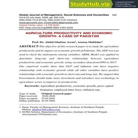 AGRICULTURE PRODUCTIVITY AND ECONOMIC GROWTH A CASE OF PAKISTAN | PDF