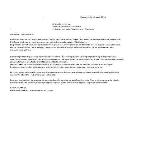 M. Said AHAMADI, Président du Parti Social Mahorais a adressé une lettre de f...