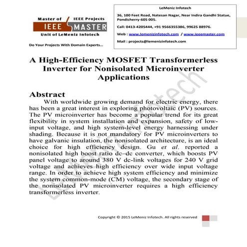 A high efficiency mosfet transformerless inverter for nonisolated microinvert...