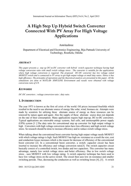 A High Step Up Hybrid Switch Converter Connected With PV Array For High Volta...