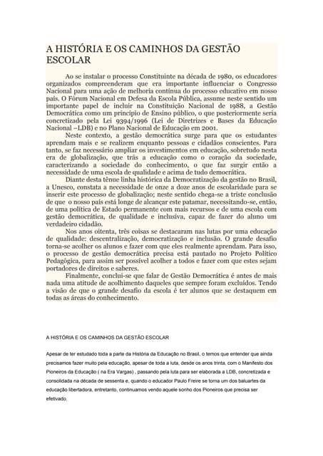 A história e os caminhos da gestão escolar | DOCX