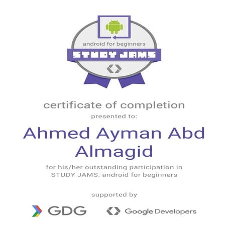 Android StudyJam Certificate by GDG Cairo 