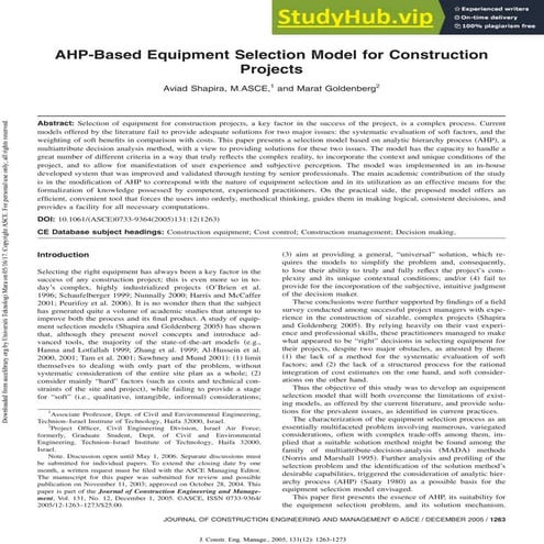 AHP-Based Equipment Selection Model For Construction Projects