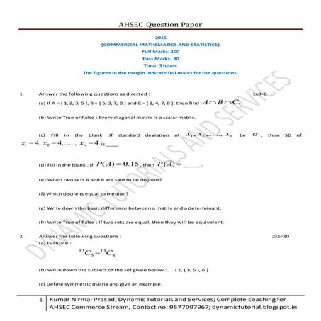 AHSEC QUESTION PAPER: CMST 2015