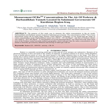 Measurement Of Rn222  Concentrations In The Air Of Peshraw &  Darbandikhan Tu...