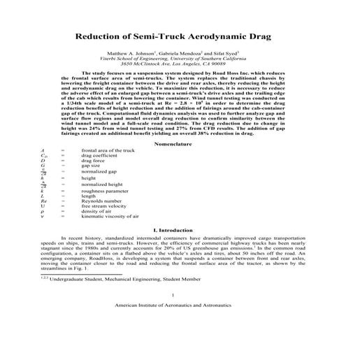 AIAA Technical Paper, Reduction of Semi-Truck Aerodynamic Drag 
