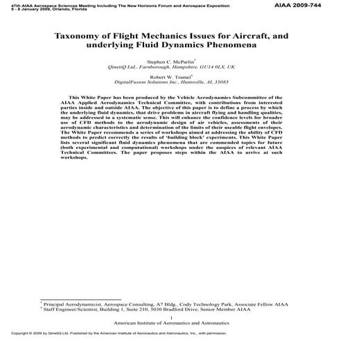 AIAA White Paper on Fluid Dynamics Challenges in Flight mechanics