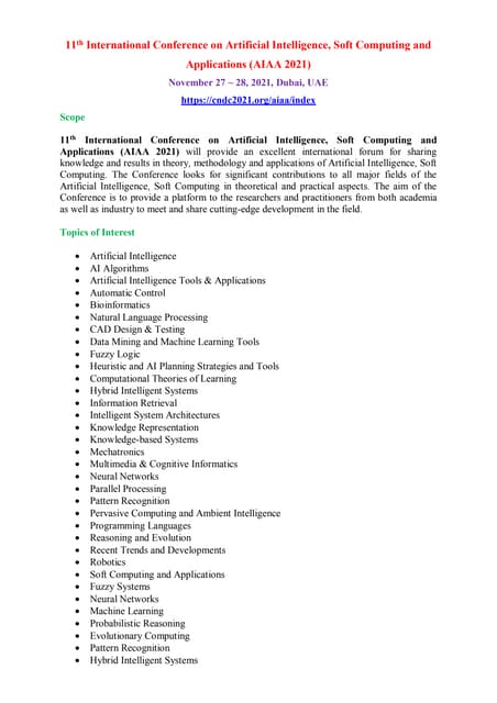 11th International Conference On Artificial Intelligence Soft Computing And Applications Aiaa 11th International Conference On Artificial Intelligence Soft Computing And Applications Aiaa