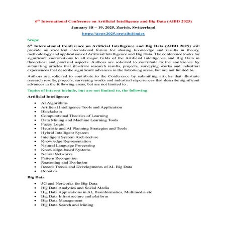 6th International Conference on Artificial Intelligence and Big Data ...