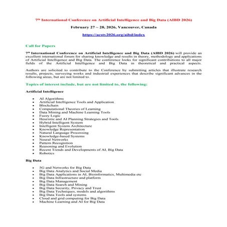 7th International Conference on Artificial Intelligence and Big Data (AIBD 2026)