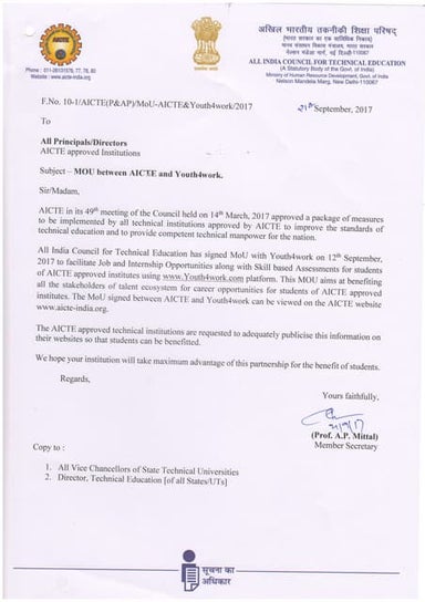 Youth4work AICTE Letter to Institutions