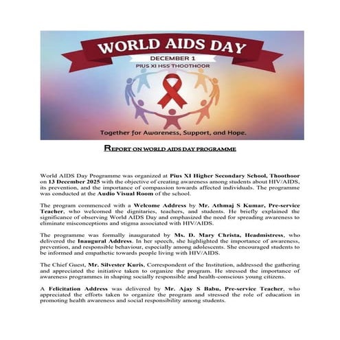 Comprehensive World AIDS Day Awareness Program at Pius XI School | PDF