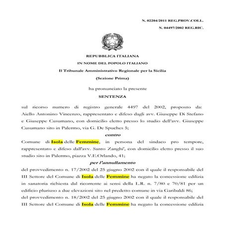 Aiello vincenzo ricorso tar 97 sentenza 2011  via garibaldi bungalow