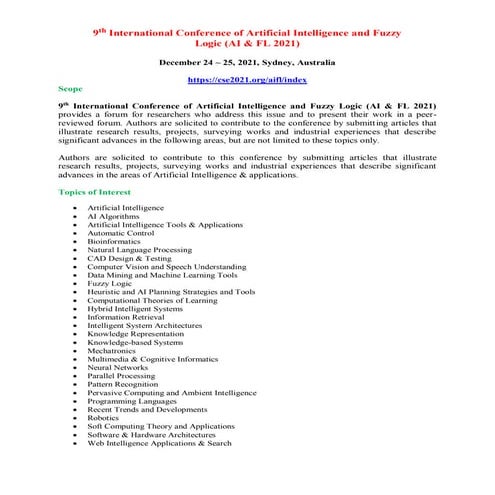 Call For Papers - 9 th International Conference of Artificial Intelligence an...