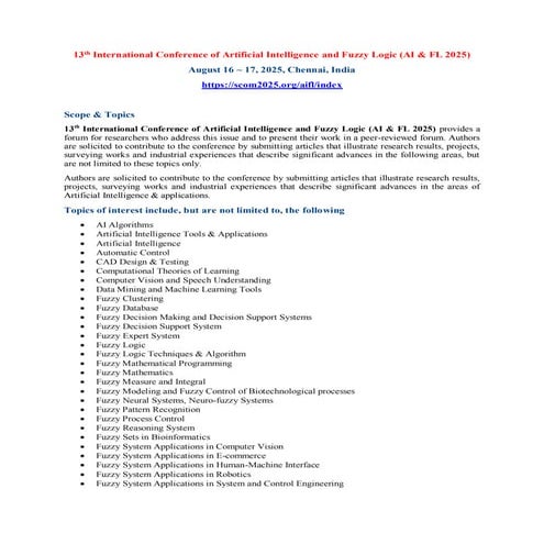 13th International Conference of Artificial Intelligence and Fuzzy Logic (AI ...